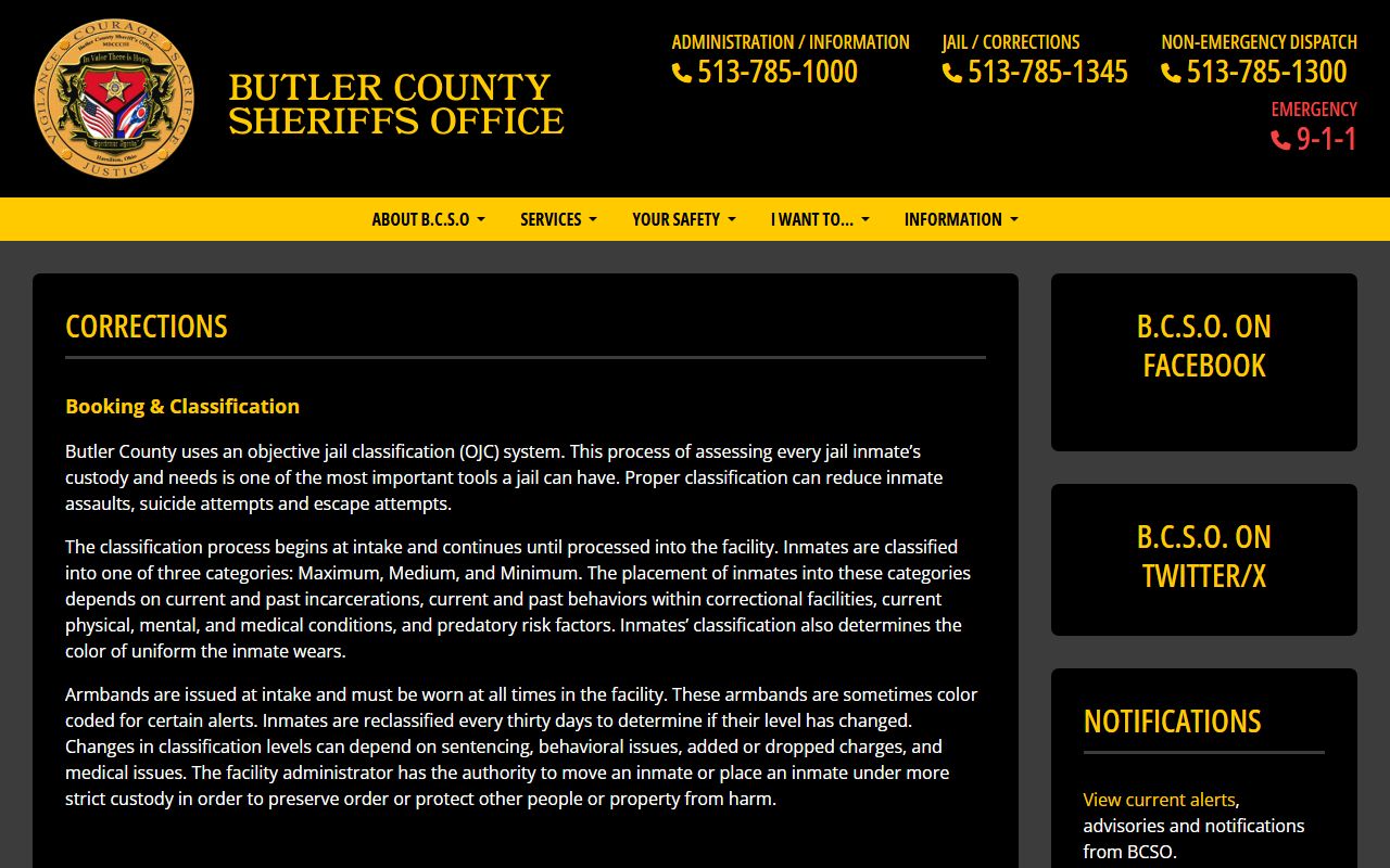Butler County Sheriff's Office facilities page listing Resolutions Jail as overflow housing