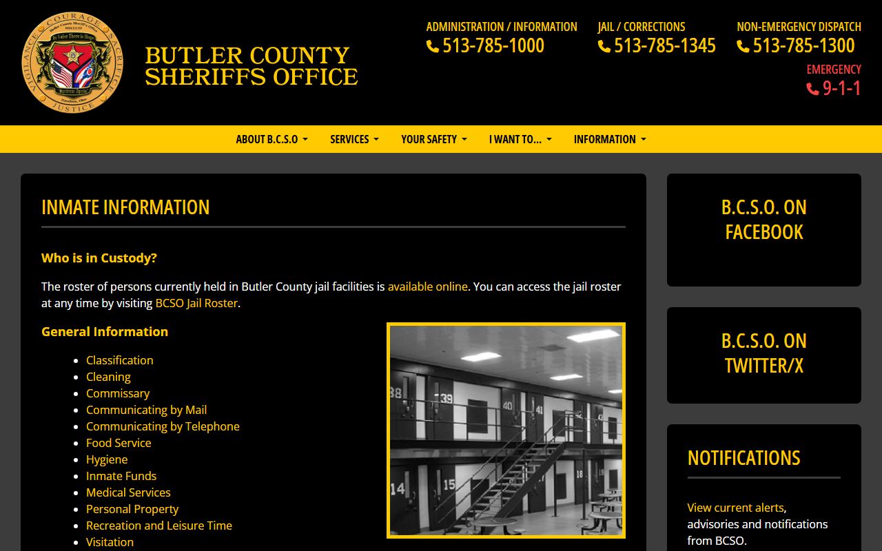 Butler County inmate records lookup page linking to the jail roster